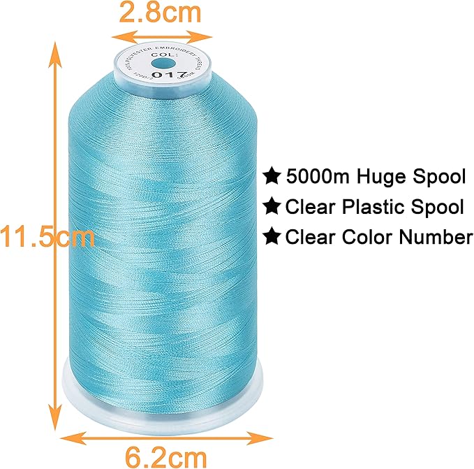New brothread - 2 Huge Spools 5000M Each Polyester Embroidery Machine Thread 40WT for Commercial and Domestic Machines - Light Blue