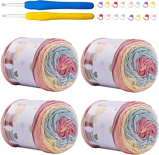 Ombre Cake Yarn for Crocheting 4PCS Gradient Yarn Cake-4x100g 45% Cotton 55% Acrylic Rainbow Cotton Yarn for Knitting,Shawls,Blankets,Scarves,Garments(Candy Color)