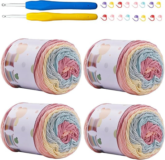 Ombre Cake Yarn for Crocheting 4PCS Gradient Yarn Cake-4x100g 45% Cotton 55% Acrylic Rainbow Cotton Yarn for Knitting,Shawls,Blankets,Scarves,Garments(Candy Color)