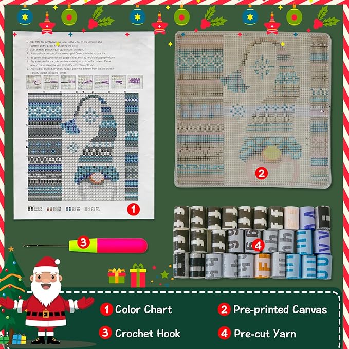 LAPATAIN Latch Hook Kits for DIY Throw Pillow Cover,Needlework Cushion Cover Hand Craft Crochet for Great Family 17X17inch Christmas Hat