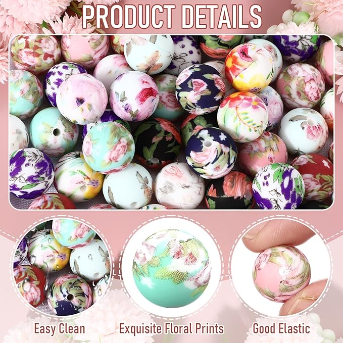 Ferreve 60 Pcs 15mm Silicone Beads Bulk Spring Flower Print Round Focal Beads Rubber DIY Silicone Loose Bead for Bracelet Making Kit for Keychain Pens Necklace Bracelets Jewelry Making
