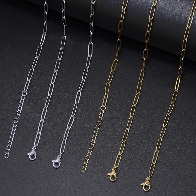 Exway 20 Pcs Paperclip Charm Bracelets Chain 6.5 Inch Stainless Steel Gold and Sliver Chain Bracelets Kit with Lobster Clasps for Crafts DIY Women Jewelry Making