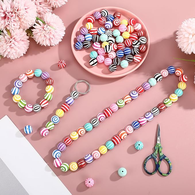 Ferreve 120 Pcs 15mm Silicone Beads Bulk Silicone Beads Print Rubber DIY Bracelet Making Kit for Keychain Making Pens Necklace Jewelry (Striped)