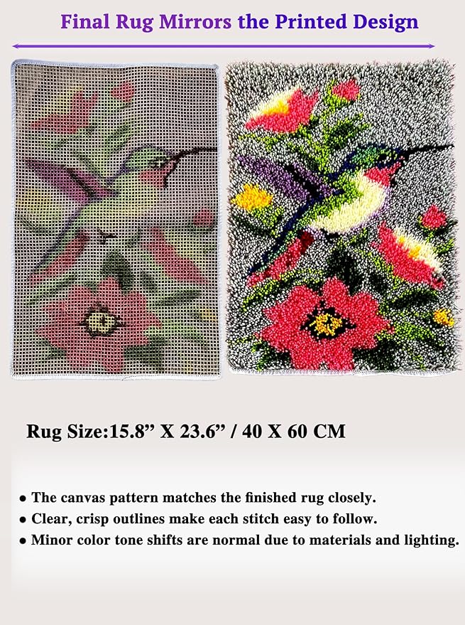 Hummingbird Garden Latch Hook Rug Kit – Vibrant Bird & Flowers Design | Pre-Printed Canvas & Soft Yarn for Adults – Relaxing Yarn Craft for Wall Decor Holiday Gifts, 23.6''x15.8'' (Hummingbird Bloom)