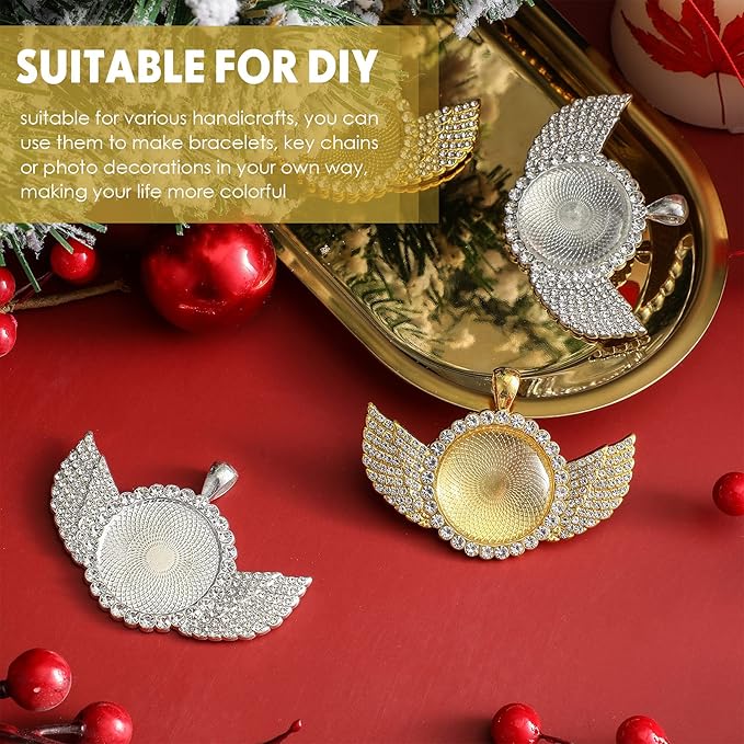 Hicarer 60 Pcs Sublimation Angel Wing Jewelry Blanks Set Rhinestone Bezel Pendant Trays Gold and Silver Sublimation Necklace Blank with Chain for DIY Making Crafts Wedding Gifts