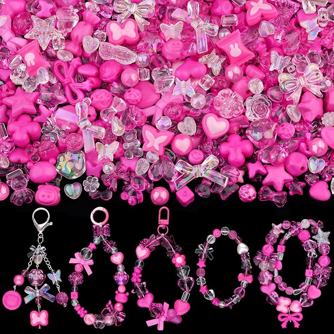 200-260pcs tinkrstuff assorted rose pink acrylic beads for bracelet making, cute beads for jewelry making flower bow butterfly gummybear aesthetic bracelet charms,diy necklace keychain phone charm
