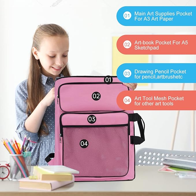 Art Portfolio kids, Drawing Supply Bag 15x18 In For Children Lesson,Artwork Case Storage Sketchbook,Drawing Pencil,Artist Set. (Pink)