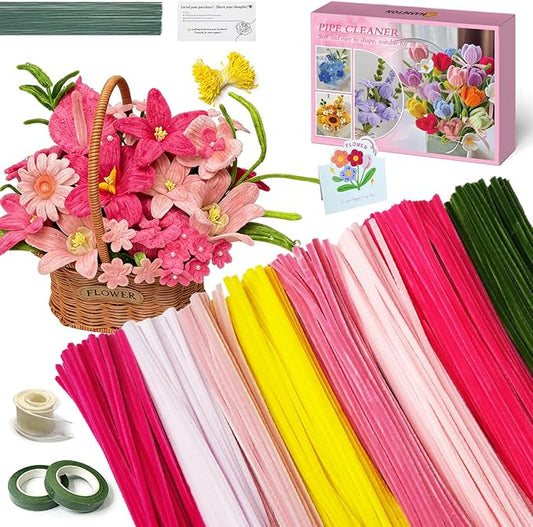 985-Pieces Pink Floral Craft Kit with Pipe Cleaners, Flower Stems & Stamens - Complete DIY Flower Making Set for Art Projects, Party Decorations & Gift Wrapping