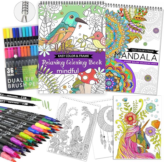 Adult Coloring Book for Women Relaxation, Spiral Bound Mindfulness Coloring Book with 36 Colors Markers for Adult, Anxiety Relief Gifts with 48 Pictures (Mandala & Animal Flowers)