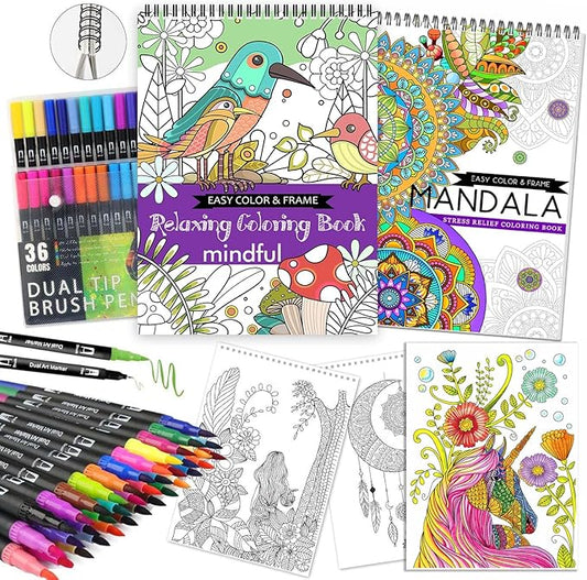 Adult Coloring Book for Women Relaxation, Spiral Bound Mindfulness Coloring Book with 36 Colors Markers for Adult, Anxiety Relief Gifts with 48 Pictures (Mandala & Animal Flowers)