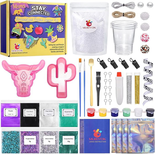 MUBYOK M139 57PCS Car Freshie Supplies Starter kit with Unscented Aroma Beads,Silicone Molds,Acrylic Paint,Mica Powder,Glitter and Accessories (Make 4 Freshies)