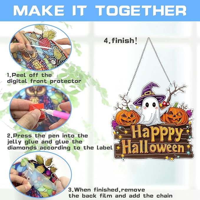 VAIIEYO Halloween Diamond Art Hanging Ornament, Ghost Pumpkin Diamond Painting Suncatchers Window Hanging Kit with Chain,7.5x7.5 inch Crystal Pendant Art Craft for Gift Home Wall Front Door Decoration