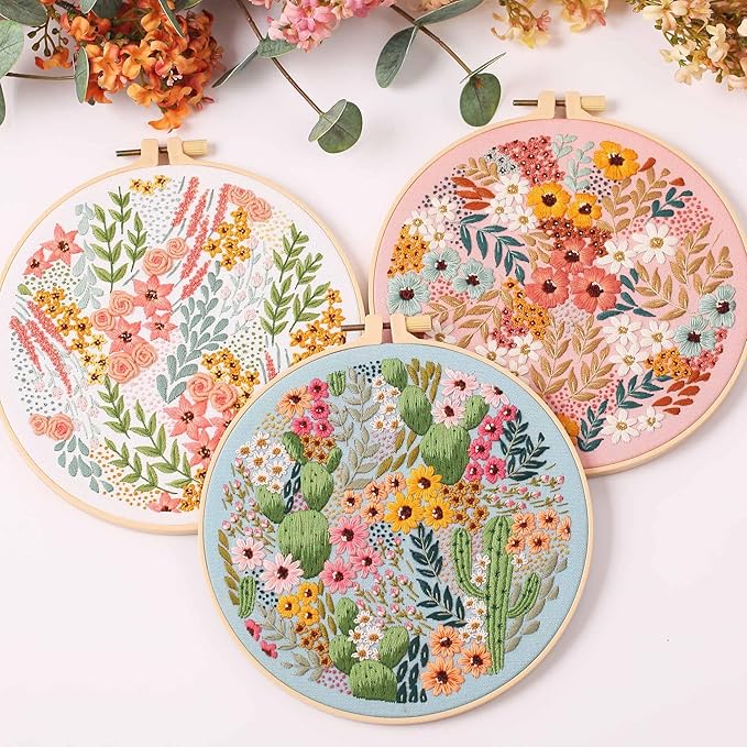 reewisly 3 pcs embroidery starter kit with patterns and instructions, diy adult cross stitch kits beginner, including 3 plastic embroidery rings, 1 scissors, colored threads and needles
