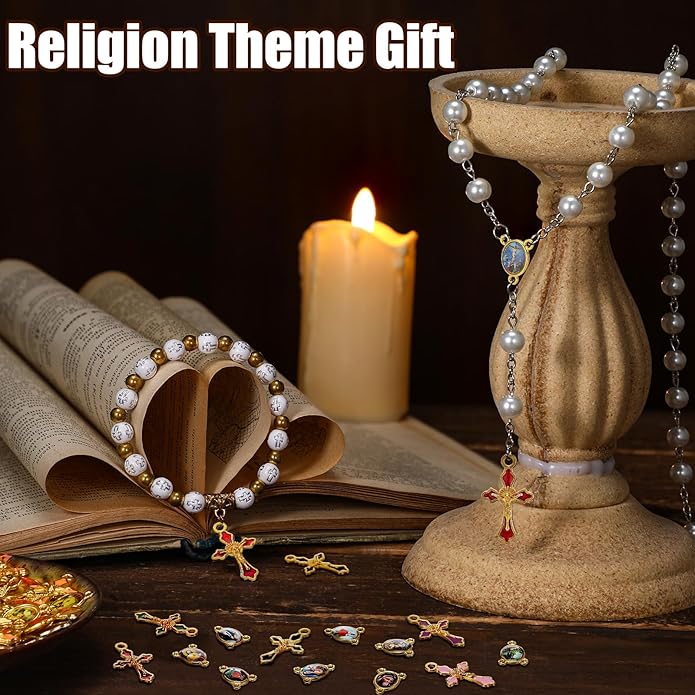 200 Pcs/ 100 Sets Rosary Making Kits Supplies Cross and Center Medal Charm Alloy Picture Religious Charms Crucifix Pendant for DIY Jewelry Making Prayer Bracelet Necklace Earring