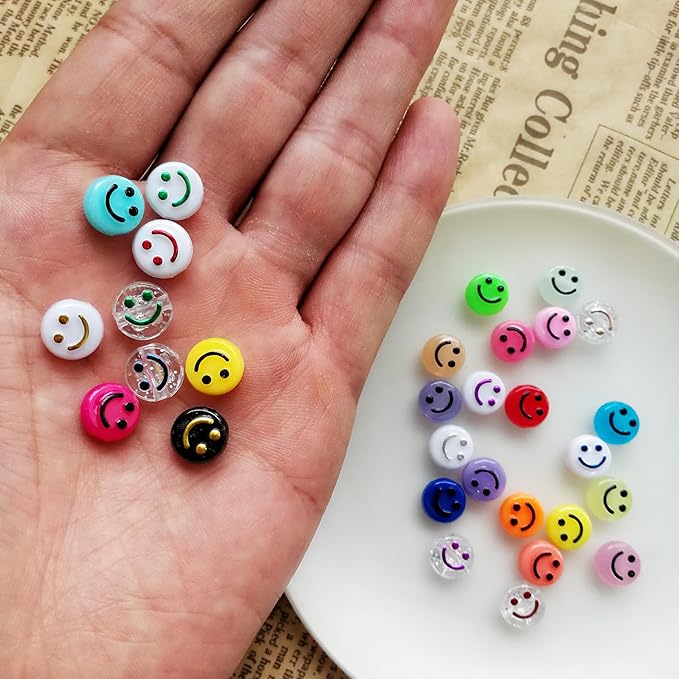 Amaney 480pcs Smiley Face Beads 24 Colors 10mm Big Acrylic Spacer Beads for Jewelry Bracelet Earring Necklace Craft Mobile Phone Pendant Making Kit