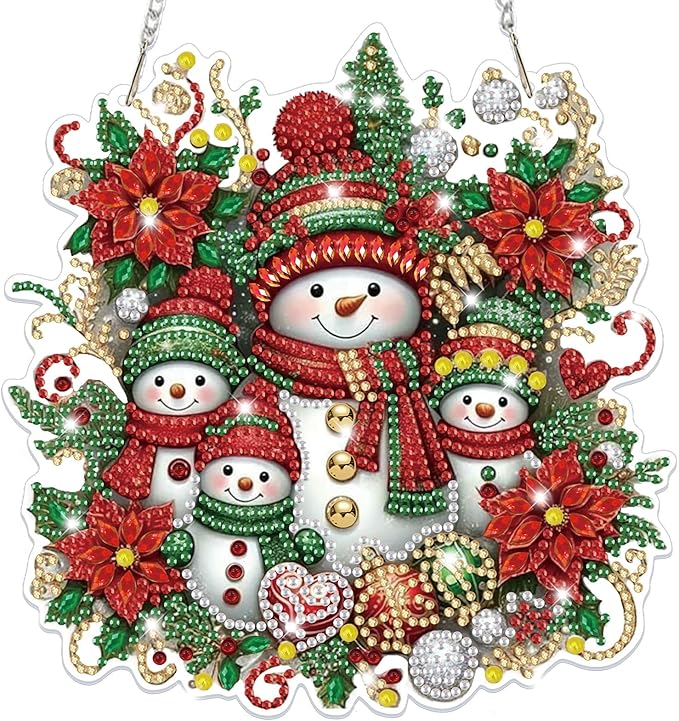 Bowetile Christmas Diamond Art Hanging Kits for Adults, Diamond Art Suncatchers Snowman, 5D Special Shape Diamond Painting Pendant Window Ornament Christmas Gifts for Home Door Wall Decor