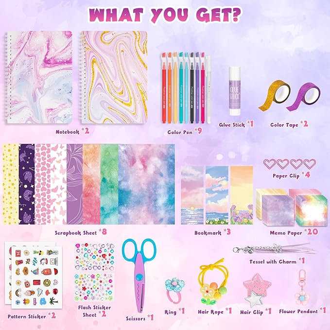 qiyvlos 2 pack diy journal kit for girls, journaling diary toys for ages 8-13, arts and crafts birthday stationary set gifts for teen girls ages 8 9 10 11 12 13 14 year old