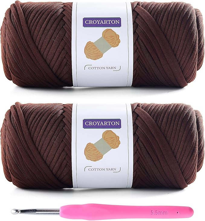 2 Pack T Shirt Yarn for Crocheting with 1 Crochet Hook, Elastic Tshirt Yarn for Crochet Bag/Baskets/Home Decor, Spaghetti Yarn Thick Knitting Yarn Total Length 130 Yds, Weight 14 Oz (Deep Coffee)