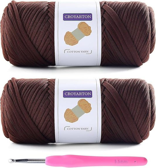 2 Pack T Shirt Yarn for Crocheting with 1 Crochet Hook, Elastic Tshirt Yarn for Crochet Bag/Baskets/Home Decor, Spaghetti Yarn Thick Knitting Yarn Total Length 130 Yds, Weight 14 Oz (Deep Coffee)