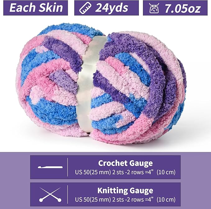 10 Pack Jumbo Chunky Yarn for Hand Knitting, Fluffy Chunky Chenille Yarn for Crocheting, Variegated Chunky Knit Baby Blanket Yarn, 240 yds /70.5 oz Super Bulky Yarn (Blue-Pink-Purple)