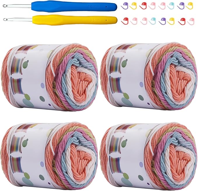 Ombre Cake Yarn for Crocheting 4PCS Gradient Yarn Cake-4x100g 45% Cotton 55% Acrylic Rainbow Cotton Yarn for Knitting,Shawls,Blankets,Scarves,Garments(Rainbow)