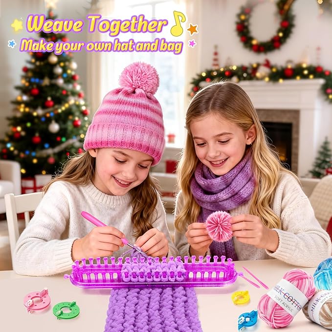 MIAOKE Weaving Loom Kit for Scarf with Pompom Maker, Long Knitting Loom Includes Storage Bag, Binding Needles, Yarn and Crochet Hooks, for Making Hats,Gloves and Blanket,DIY Craft Kit for Beginners