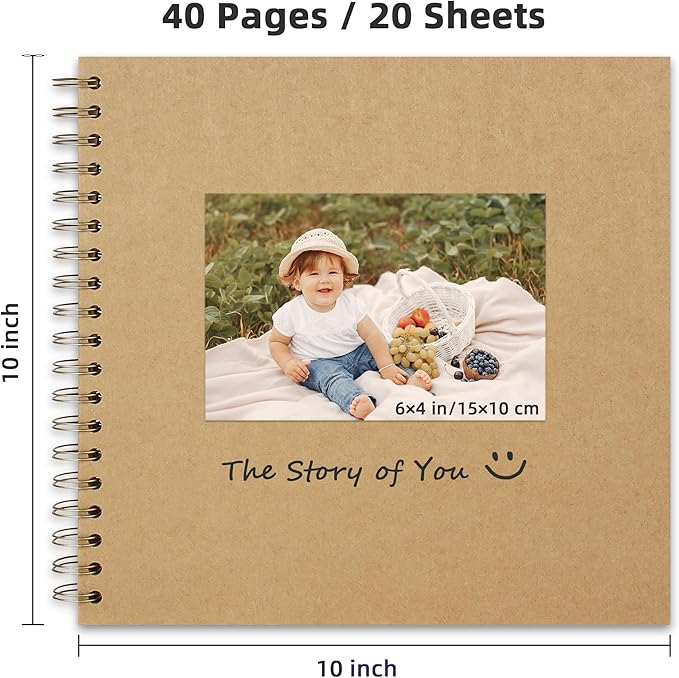 10 x 10 Inch DIY Scrapbook Photo Album Hardcover Kraft Blank Page Acid-Free, 40 Pages (20 Sheets) Memory Book for Wedding Anniversaries Family Baby Memories Small Scrapbooking Projects, Yellow