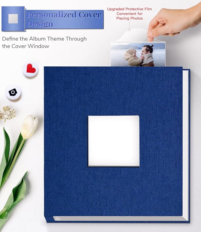 Photo Album Self Adhesive Scrapbook Album for 3x5 4x6 5x7 8x10 Pictures,60 Pages Linen Cover with Display Window DIY Photo Book,Ideal Gifts for Family Travel Wedding Baby