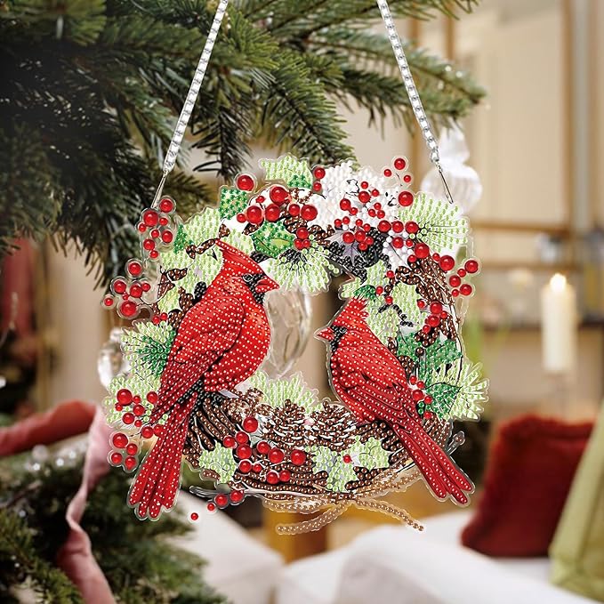 Auremi Cardinal Diamond Art Hanging Kit for Adult, Special Shaped Rhinestone, DIY Acrylic 5D Christmas Diamond Painting Window Pendants Signs, Home Garden Wall Hanging Ornament