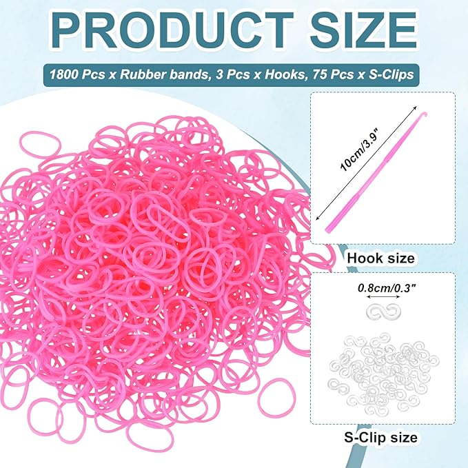 MECCANIXITY 1800 Pcs Loom Rubber Bands Kit with 75 Pcs S-Clips 3-Hooks Rubber Bands Refill Bracelet Making Kits for Weaving DIY Handcrafts Gift, Bright Pink