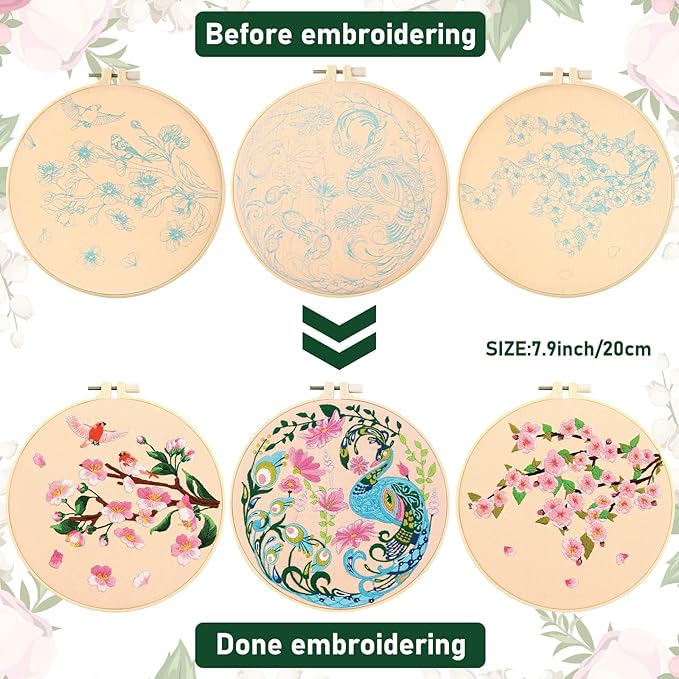 Yinder 5 Sets Floral Embroidery Kit for Beginners Adults Flower Embroidery Starter Cross Stitch Kits with Flower Stamped Patterns and Instructions Include Hoop Threads Needles Fabric for Art Starter