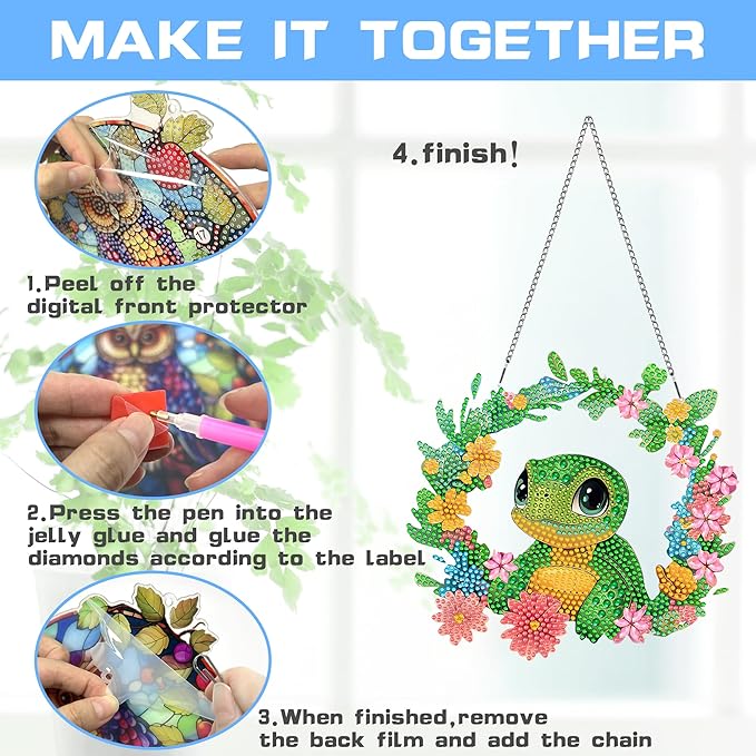 VAIIEYO Turtle Diamond Painting Hanging, Animal Diamond Painting Suncatchers Double Side Window Hanging Kit with Chain, 7.5x7.5 inch Crystal Pendant Art Craft for Gift Home Wall Front Door Decoration