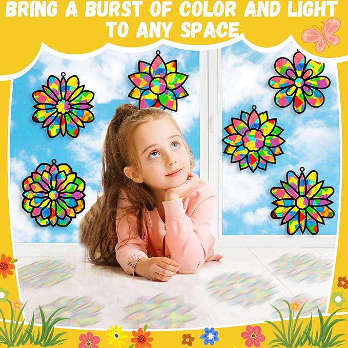 Lonfliness 32 Sets Spring Lotus Suncatchers Craft Kit DIY Window Stained Glass Effect Colorful Lotus Paper Crafts Home School Classroom Decoration Birthday Gift Creative Art Project & Activity Game