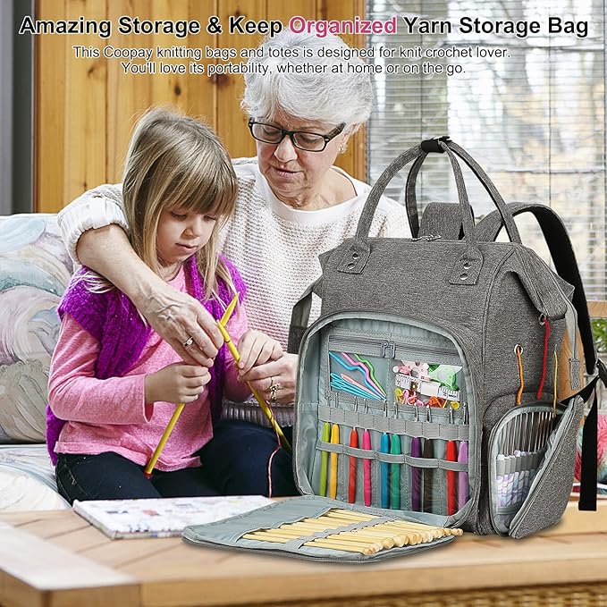 Coopay Huge Crochet Bag, Travel Knitting Bag Large Capacity Yarn Storage Organizer Bags for Unfinished Project, Crochet Hooks, Knitting Needles, Skein Yarn, Great Knitting & Crochet Supplies, Gray