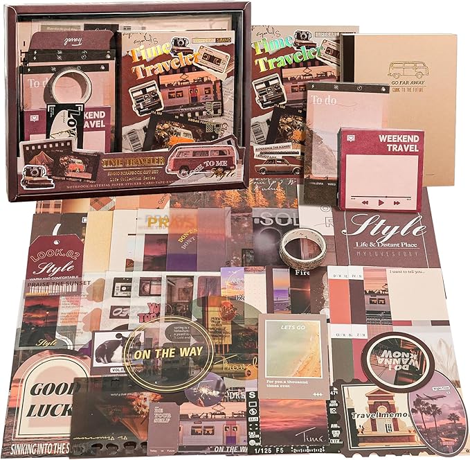 Travel Scrapbooking Supplies Kit, Holiday Aesthetic Vintage Scrapbook Kit for Bullet Junk Journal A6 Grid Notebook Stationary Journaling Supplies DIY Craft Birthday Gifts for Women Kid Teen Girl