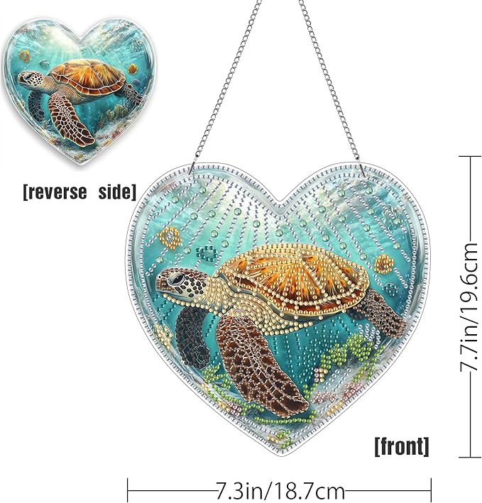 LOMSIOY Diamond Art Hanging Kit for Adult, Turtle Front Door Sign Window Decor for Outdoor, Animal Double Sided Summer Decor Suncatcers for Porch, Hanging Pendants for Garden Wall （8x8 Inch