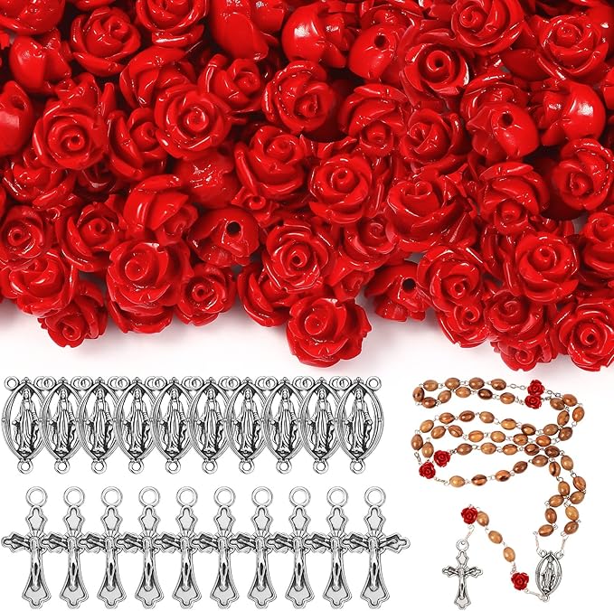 140 Pcs Rosary Making Supplies Carved Rose Beads Flower Beads Kit Cross Centerpiece Crucifix Medal, Silver Jesus Maria Pendant for Bracelet Necklace(Red)