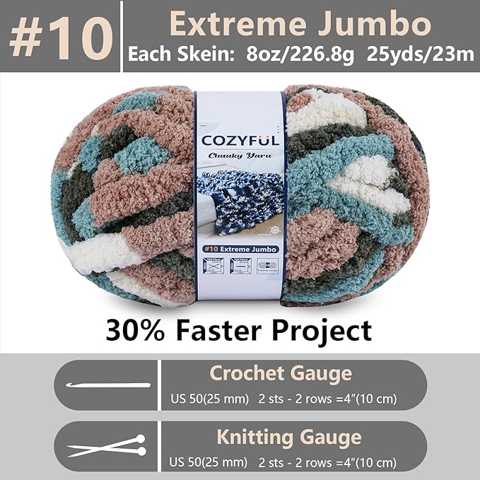 Chunky Yarn for Hand Knitting - #10 Chunky Chenille Blanket Yarn, Jumbo Big Thick Chunky Yarns for Crocheting, Tie Dye Bulky Knit Yarns, 8 Skein (25 yds 8 oz Each Skein), Forest&Teal&Coffee