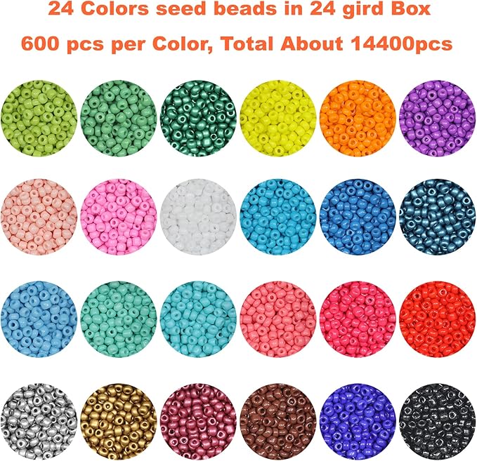 Size 2mm Glass Seed Beads 24 Colors Total About 14400pcs,12/0 Small Seed Beads for Making Jewelry Bracelets Necklace
