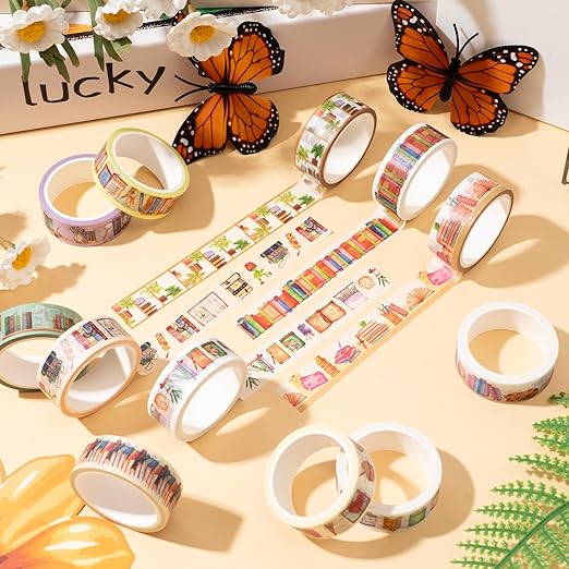 Watercolor Book Washi Tape - 12 Roll Lover Books Coffee Study Library Bookshelf Themed, Cozy Study Space Designs for Scrapbooking, Journaling, Gift Wrapping, Bookmark Making & Library Decor