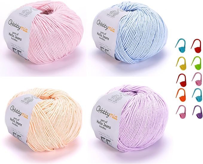 Cotton Yarn Kit - 4 Multicolor Balls Soft Sport Weight Yarn for Crochet & Amigurumi - 50g / 175yds Each & 10 Stitch Markers (H10 - Pastel-1)