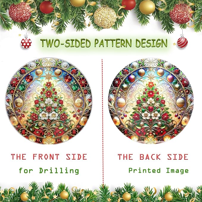 Diamond Art Kit for Adults Christmas Tree Special Gem Two-Sided Pattern Design Diamond Art Hanging Ornament Pendant Kit for Home Wall Door Holiday Decor