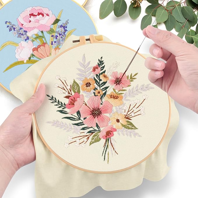 ERKOON Embroidery Kit for Beginners, 5 Sets Flower Cross Stitch Set for Adults Include Embroidery Cloth Hoops Threads for Craft Lover Hand Stitch with Skill Techniques (Bouquet)