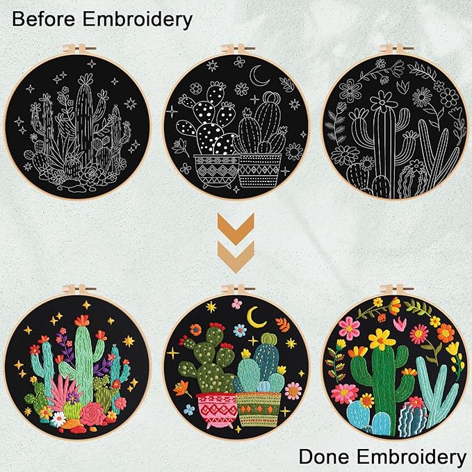 Nuberlic 3 Pack Embroidery Kit for Beginner Adults, Stamped Cross Stitch with Cactus Patterns Include 3 Hoop, Cloth Thread Needles and Instructions