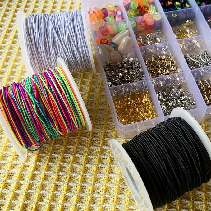 Stretchy Bracelet String Elastic 0.8mm, QBJAYTY Elastic String Thread Cord for Bracelet Making, 3-Color Stretch Beading Thread for Pony Letter Kandi Clay Beads, Black White Rainbow String