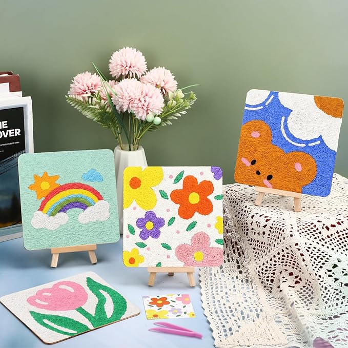 4 Pack Painting Kits for Adults Beginners 5.9 x 5.9 Inch 3D Paper Pulp Painting with 23 Pulp, 4 Tabletop Easels, 4 Blank Canvas Panels and Other Tool for Desktop Decor Home