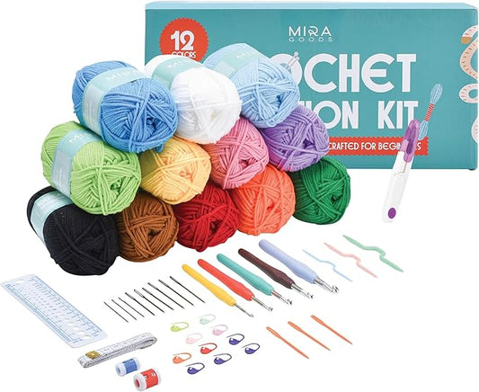 mira handcrafts crochet kit for beginners - essentials set with 12 acrylic yarn skeins and other knitting accessories, including ruler, hooks, needles, stitch holders, row counters, measuring tape
