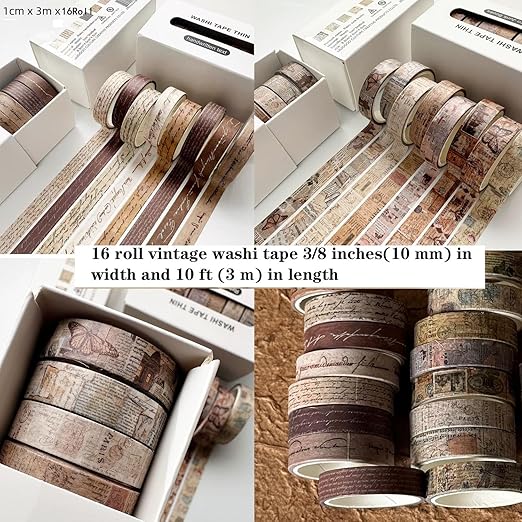 16 Rolls Vintage Washi Tape Set with Handwritten Text, Retro Junk Books Design, Thin Retro Decorative Antique Patterns Masking Tape for Scrapbook, Journals, Planners, DIY Crafts