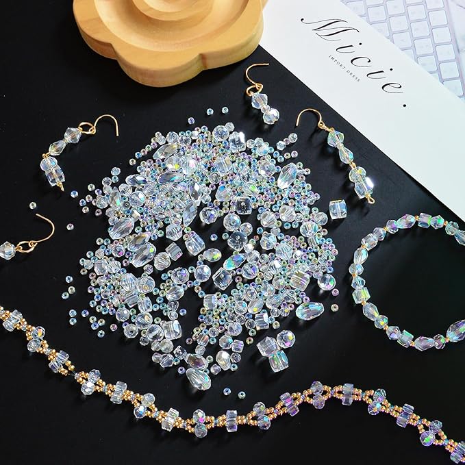 1500 Pcs Crystal Glass Beads for Jewelry Making – 12 Styles Bicone, Rondelle, Cube, Teardrop & 3mm Spacer Beads, DIY Bracelet Necklace Earring Craft Kit with Organizer Box(AB Color)