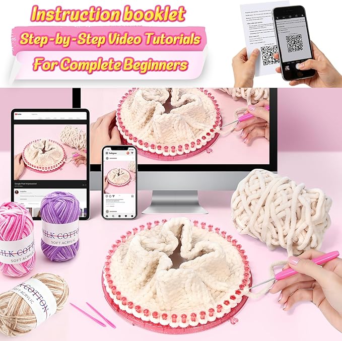 Spardar Hat Knitting Kit, Weaving Loom Kit with Portable Storage Bag, Includes Knitting Tools, 8*Pom-Pom Makers, 7 Color Yarns, Knit Hats, Scarves, Ideal Christmas or Birthday Gift, Light Pink